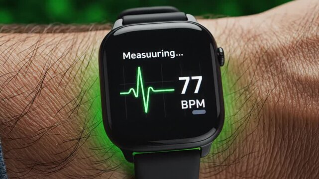 Smartwatch measuring heart rate with green light effect on wrist
