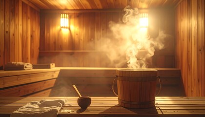 Fototapeta premium Sauna Interior with Steam and Mug.