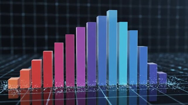 3D bar chart graph with colorful bars and glowing light, data visualization concept