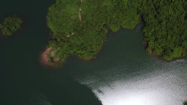 Downward looking forward moving perpendicular flying view of jagges tropical coastline with lush green foliage and the reflecting sunglight on water surface.