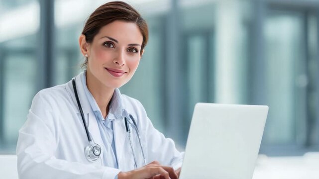 Competent Healthcare Professional: A focused healthcare expert is seated at a table, engrossed in utilizing a laptop computer, complemented by a stethoscope draped around her neck.