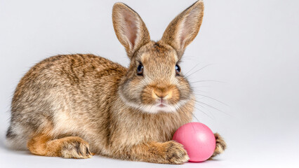 Obraz premium Soft brown rabbit poses adorably beside a bright pink egg against a clean white backdrop, capturing a moment of playful curiosity and charm during springtime festivities