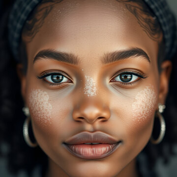 Portrait of african-american woman with vitiligo skin. Special skin with depigmentation because of melanin losing. Concept of skincare and healthcare, inclusion and diversity, fashion and beauty.