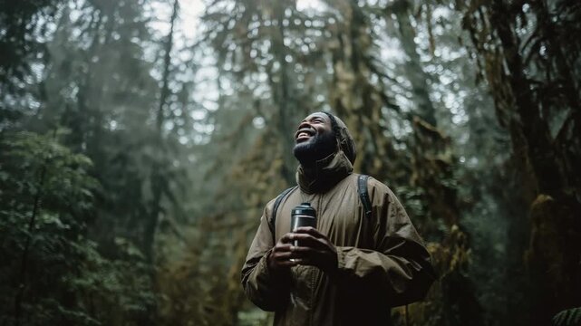 A man wearing a raincoat stands in a rainy forest, looking upward while holding a thermos