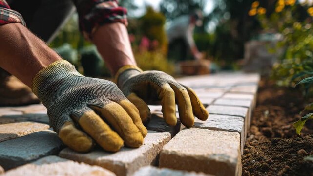 A worker lays stone blocks to create a pathway in a garden while another person plants flowers in the background