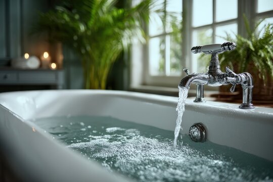 Modern bathroom with a white freestanding bathtub filled with water, chrome faucet pouring water, and green plants near large windows providing natural light