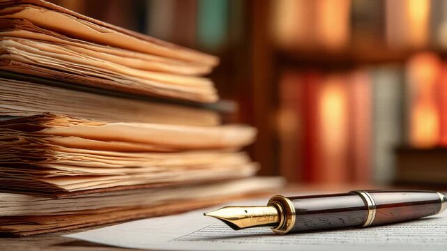 A fountain pen rests on a sheet of paper beside a pile of aged documents in a library filled with books