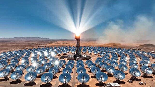 Solar Power Plant: Concentrated Solar Power Tower with Heliostats in Desert Landscape