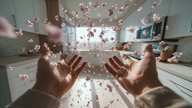 Hands Reaching Upwards in a Modern Kitchen with Falling Petals.