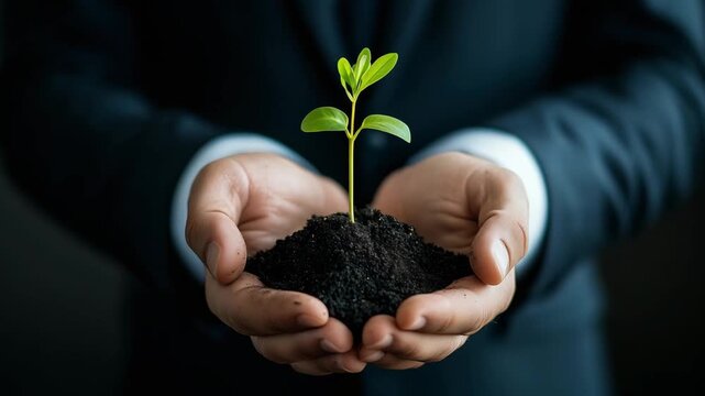 A businessman in a suit holds soil with a small plant in an indoor setting, emphasizing growth and sustainability in a business environment