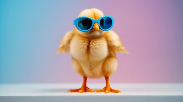 Small, fluffy yellow baby chick standing against a blue and pink gradient background. Chick is wearing a pair of bright blue sunglasses. 