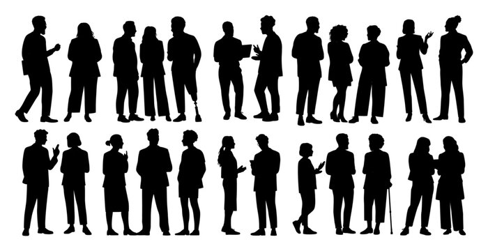 Silhouettes of people stand or move in groups. Some converse, others walk or gesture with hands. Expressions are unclear due to shadows. Scene suggests social gatherings or public interaction