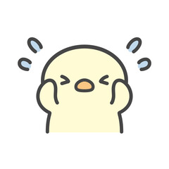 頭を抱えて焦るひよこの手書きイラスト　汗をかいてパニックになる様子 © Nitomaru