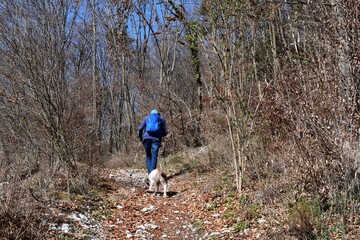 Obraz premium Mann und sein Lagotto Romagnolo Hund wandern im Trentino 