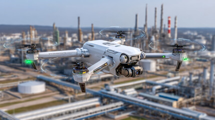 Naklejka premium High-tech drone soars above a sprawling industrial complex during bright daylight, capturing the essence of modern technology in an energy-rich environment filled with towering stacks