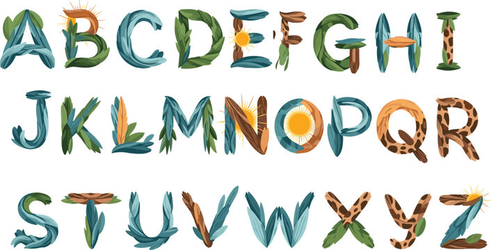Creative nature alphabet with leaves plants and animal textures, decorative eco typography letters collection for design vector illustration