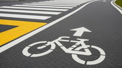 Obraz premium A white bicycle symbol painted on the asphalt street pavement marks a safe urban cycle path and bike lane sign for traffic direction in the city
