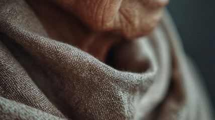 Naklejka premium Close crop of elderly neck and chin wrapped in textured scarf for portrait background and editorial design