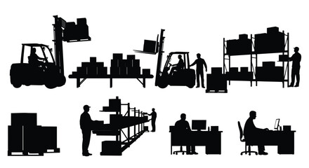 Fototapeta premium Detailed vector graphic illustration showing different warehouse workers performing logistics and industrial tasks