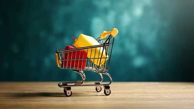The shopping cart on a desk symbolizing online shopping and business strategy.