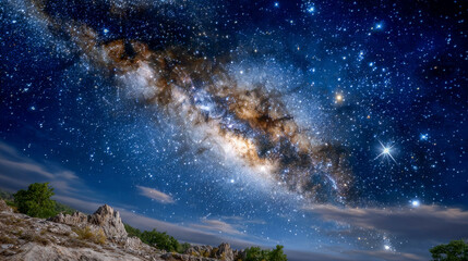 Fototapeta premium Stunning view of a vibrant galaxy illuminating the night sky above rugged cliffs and lush greenery under a cosmic canvas filled with twinkling stars