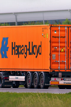Hapag-Lloyd freight container on white Scania truck 09.10.2025 Poland, Europe