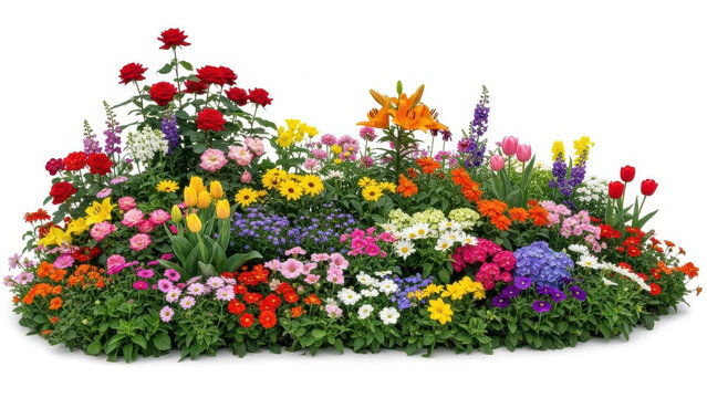 Colorful spring primula flowers in a row bloom with vibrant red, pink, and yellow colors in a sunny garden nature scene