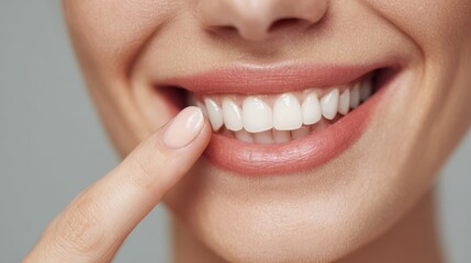 Obraz premium Vibrant photo of Close-up view of a woman with healthy white teeth and a beautiful smile pointing at her mouth