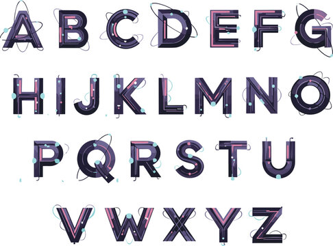 Futuristic tech alphabet with neon geometric letters, modern digital typography font for sci fi design and cyber style vector illustration