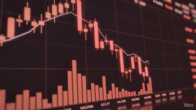 Digital visualization of a financial stock market candlestick chart displaying patterns of economic growth and sudden crisis loss for investment analysis and business trade data display.