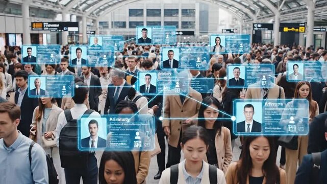 Crowd Surveillance: Technology identifying people in a busy urban environment with digital overlay.
