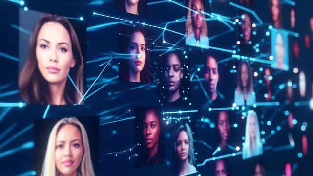 Multiple faces are displayed in a digital grid with connecting lines representing data interactions in a virtual setting. Social media users, online communication