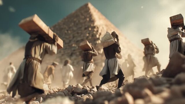 Workers transport large stones as they construct pyramids in ancient Egypt under a clear sky and bright sunlight