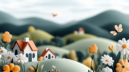 Summery pattern with houses, blooming flowers, and butterflies around trees.