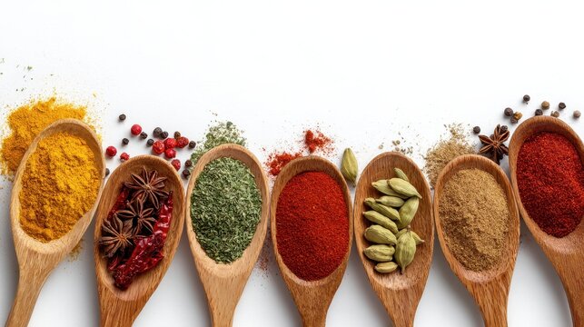 Vibrant photo of Top view of various colorful whole and ground spices in wooden spoons, isolated on white background, arranged in a row.