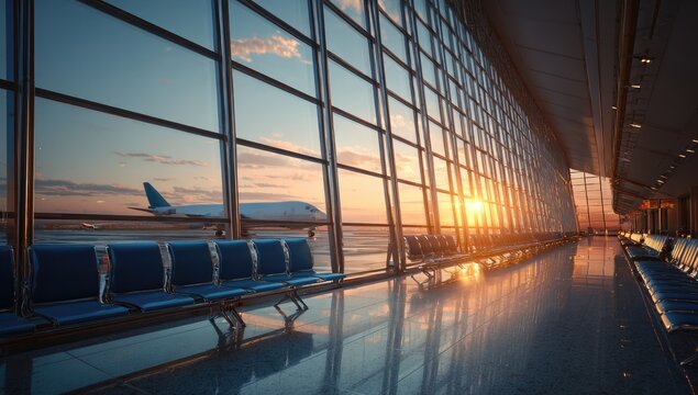 Modern Airport Terminal with Airplane and Sunset View Through Large Windows.
