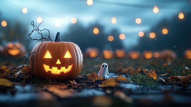 Photorealistic pumpkin patch with glowing jack-o'-lanterns and playful ghosts.