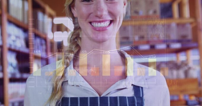 Vertical video: Baker entering frame as camera panning, charts over face showing bread sales