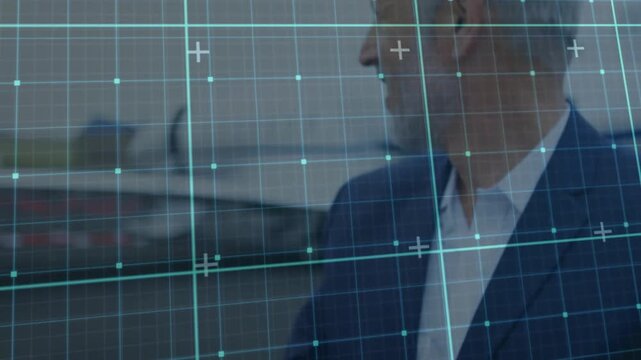 Man adjusting cuff while preparing for departure at airport, cyan grid tracking wrist and fuselage