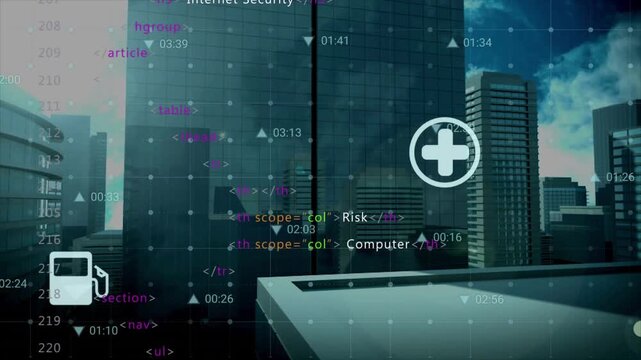 Roof view shifting thin grid scrolling code driving icons animating over buildings for security map