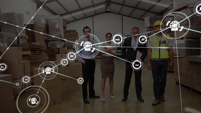 Team of four walking warehouse aisle, nearing HUD expanding and mapping inventory logistics