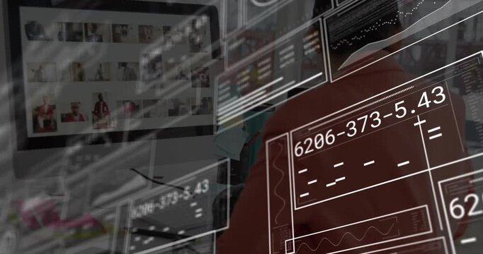 Woman viewing thumbnails with HUD panels sliding, using mouse, lifting DSLR, assessing for editing