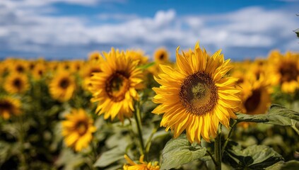 Fototapeta premium Vast Field of Sunflowers Under a Bright Blue Sky with Fluffy Clouds.