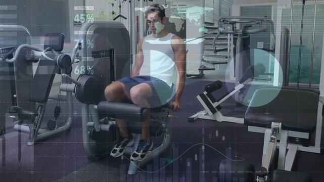 Male exerciser beginning leg-extension rep on seated machine in gym, animated percent tracking form
