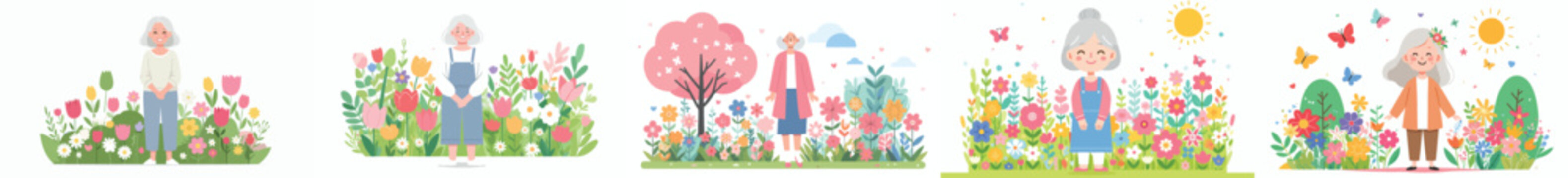 vector of a grandma standing happily with a background of blooming flowers