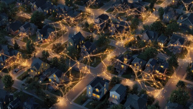Aerial View of a Suburban Neighborhood at Night with Glowing Network Connections.