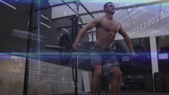 Vertical video: Man driving legs, lifting bar overhead in gym for fitness, code overlaying lifter