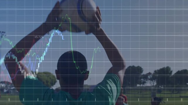 Player in green lifting and throwing ball in from sideline, finance grid rising, players contesting