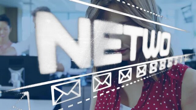 Woman tapping tablet starting SOC to NETWORK becoming mail sliding obscuring face showing messaging