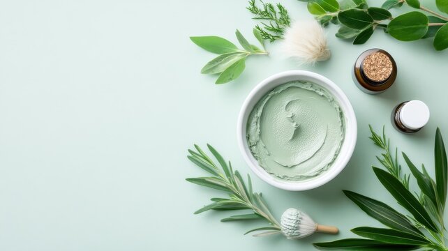 Stylized illustration of green bentonite clay mask and herbs as infographic.